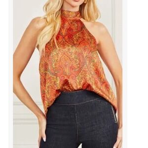 Marciano by Guess Morris Paisley Print‎ Sleeveless Halter Top Orange